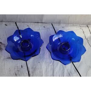 Vintage 2 Fenton Lotus Flower Cobalt Blue Candle Stick Holder Nice Pair